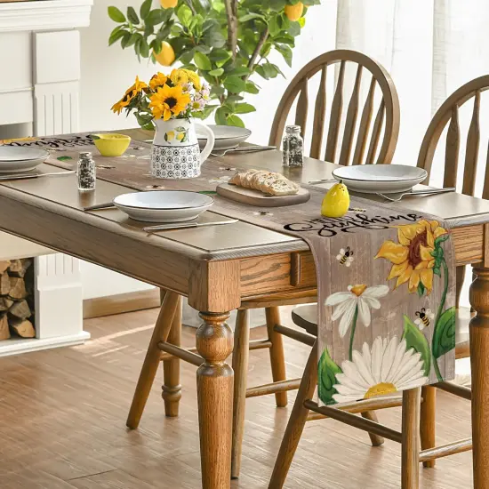 Wood Sunflowers Daisy Bees Summer Table Runner, Seasonal Spring Kitchen Dining Table Decoration for Home Party Decor 13x72 Inch {4}