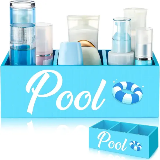 Summer Storage Basket Blue Pool Wooden Box with Three Compartments Toilet Tank Tray for Indoor Outdoor Swimming Pool Decor Sunblock Sunglasses Pool Toy Storage Box {1}