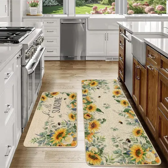 Spring Summer Kitchen Mats Set of 2, Sunflower Floral Bee Kitchen Rugs for Floor Non Slip Absorbent Low-Profile Seasonal Farmhouse Home Decor 17x29 and 17x47 Inch {4}
