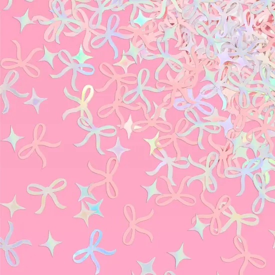 Fetti Bow Confetti - 200 pc | Bachelorette Party Pink and Iridescent, Engagement Party Decoration, Tying the Knot Table Decor, Bride To Be Coquette Ribbon Bridal Shower Supplies {1}