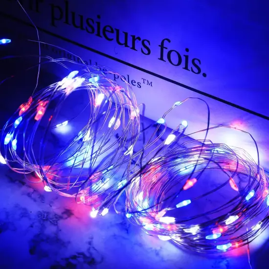 4th of July Decorations Fairy Lights - Red White Blue String 100LED Copper Battery Operated Remote Control Patriotic for Independence Memorial Day - 4 Pack {4}