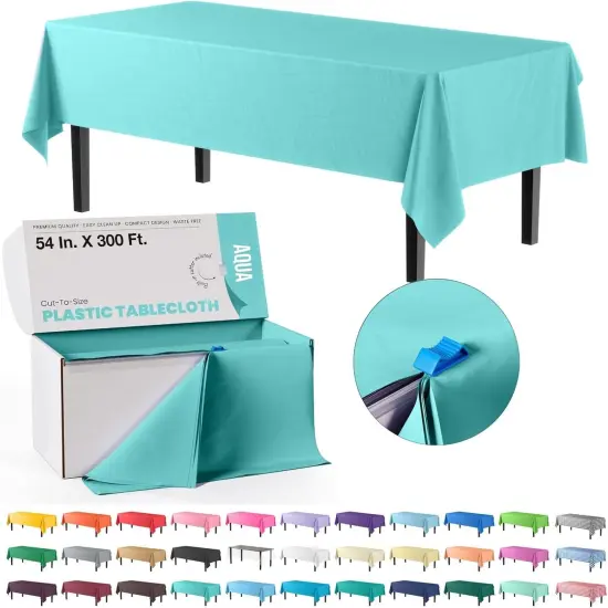 54 Inch X 300 Feet Aqua Plastic Table Cover Roll in A Cut - to - Size Box with Convenient Slide Cutter. Cuts Up to 36 Rectangle 8 Feet Plastic Disposable Tablecloths {1}
