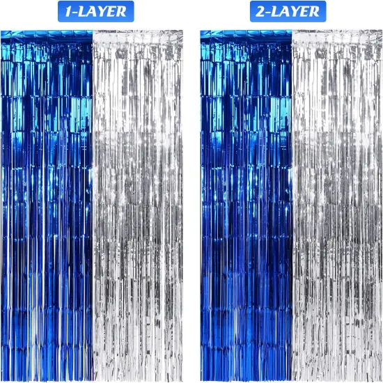 3Pack 3.3Ft x 6.6Ft Graduation Foil Fringe Curtain Backdrop Decorations, Blue Silver Metallic Tinsel Foil Streamers Curtain Photo Booth Background for Graduation Prom Wedding Birthday Party Decoration {5}