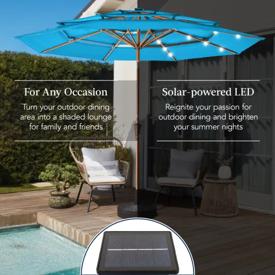Best Choice Products Woodgrain Pattern 10ft 3-Tier Solar Patio Umbrella w/ 24 LED Lights, Tilt Sky Blue {5}