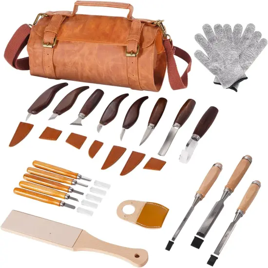 Premium Wood Carving Tools Kit - Ergonomic Walnut Handles, Razor-Sharp High-Carbon Steel Blades, PU Leather Storage Bag, Safety Gloves & Thumb Guard &ndash; For Beginners & Professionals {1}
