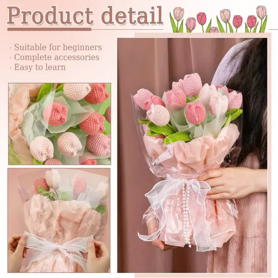 Crochet Kit for Beginners - Flower Bouquet With Step-by-Step Video Tutorials for Adults, Birthday, DIY Craft Home Decor (Pink) {3}