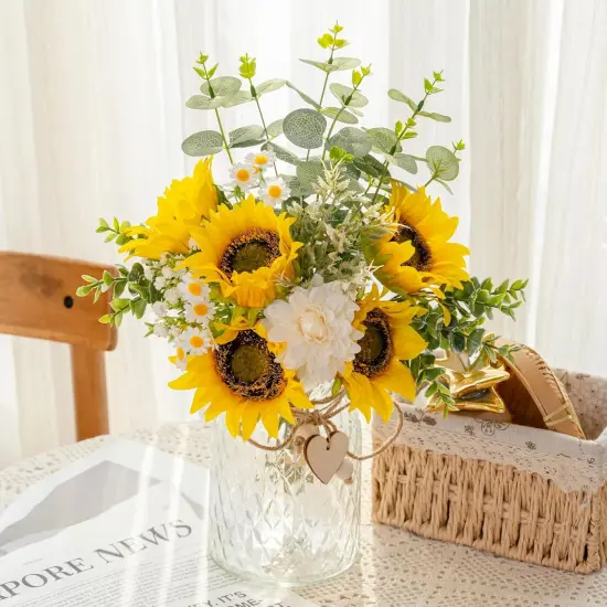 Silk Artificial Sunflower and White Dahlia Arrangement in Vase Suitable for Home Spring Decor Centerpiece {1}