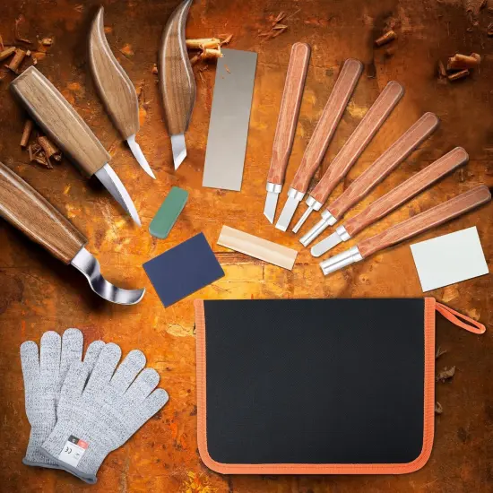 17Pcs Wood Carving Tools Kit - Beginner's Wood Whittling Set with 6Pcs Carbon Steel Knife, Gloves, Knife Sharpener for Spoon, Bowl, Kuksa Cup {2}