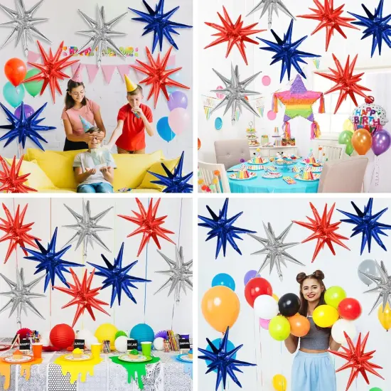Red Blue Silver Star Balloons,9Pcs Red Blue White Explosion Star Foil Balloons,22Inch Spike Cone Star Helium Mylar Balloons for Birthday Anniversary Baby Shower 4th of July Disco Party Decorations {3}