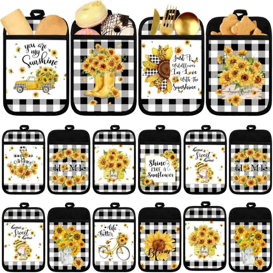 12 Pcs Sunflower Pot Holders with Pocket Teacher Appreciation Gift Bulk Summer Pot Holders Buffalo Plaid Hot Pads and Oven Mitts Gnomes Farmhouse Oven Gloves for Kitchen Baking Cooking Home {1}
