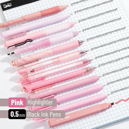 Gel Ink Pink Pen Set, 12 Pack, 1 x Aesthetic Highlighter, 0.5mm Cute Pink Pens Black Ink with Pastel Barrels {3}