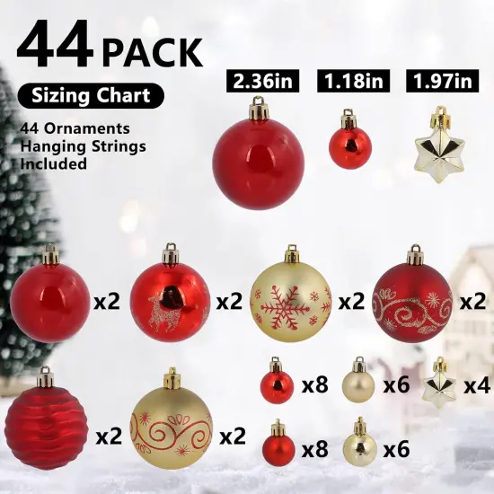 44Pcs Christmas Ball Gold and Red Christmas Ornaments Set for Garden Backyard Holiday Wedding Party Decor with 12 pcs 2.36&rdquo; Large and 32 pcs 1.18&rdquo; Mini Christmas Decorations Ornaments Bulk Balls {4}