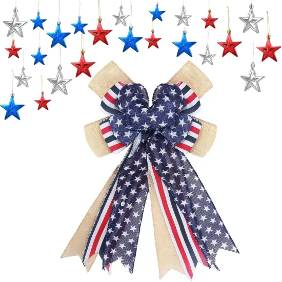 25 Pcs 4th of July Decoration, Including American Flag Wreath Bow and Patriotic Hanging Star Red White Blue Ornaments for Independence Labor Veterans Day Tree Indoor Outdoor {1}