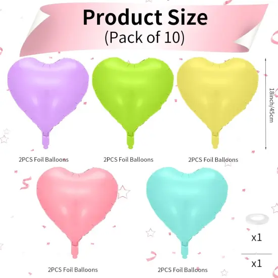 Pastel Heart Balloons, 10 Pcs Macaron Heart Shape - 18inch Pastel Pink Purple Green Teal Yellow Foil Valentines Balloons for Kids Candy Birthday Wedding Baby Shower Decoration {2}