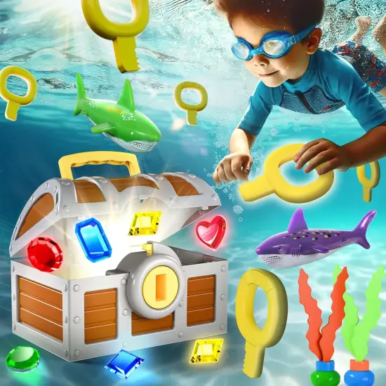 Summer Pool Wave Kids Diving Pool Toy, Large Treasure Chest Water Dive Game W/Keys Gems Fish, Toddler Outdoor Swimming Treasure Box Playset, Fun Summer Swim Party Gifts 3 4 5 6 7 8 10 12 Year Old Boy Girl {1}