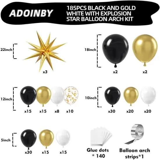 Black and Gold Balloon Garland Arch Kit, 185Pcs Explosion Star Black White Metallic Gold Confetti Latex Balloons for Birthday Anniversary Wedding Engagements Baby Shower Party Decorations {2}