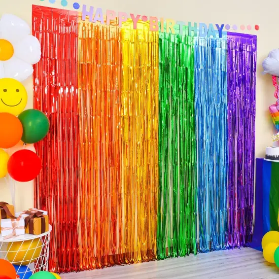 Rainbow Foil Fringe Curtains, 2 Pack Rainbow Party Decorations 3.3x6.6ft Tinsel Metallic Streamers Holiday Photo Booth Props Backdrop for Birthday Wedding Engagement Bridal Shower {1}