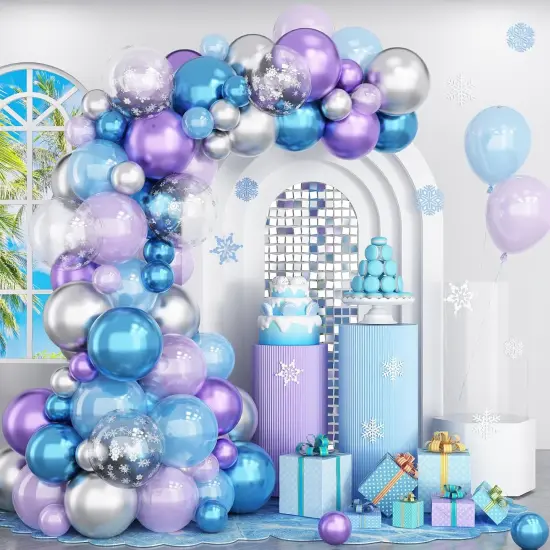 Blue Purple Silver Balloon Arch Kit Metallic Pearl Purple Blue Silver Latex Balloons Garland with Snowflake Balloon for Princess Girl Winter Frozen Wonderland Birthday Baby Shower Party Decor {1}