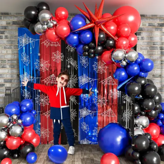 Spider Web Birthday Decorations 2 Pack Spider Party Supplies 3.3x6.6ft Red Blue and Black Spidey Tinsel Foil Fringe Curtains Backdrop Red and Blue Streamers Spider Theme Party Decorations {2}