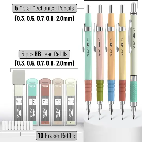 Mechanical Pencil Set, 5 Sizes, 0.3, 0.5, 0.7, 0.9, 2mm, Anti Skidding Grip Cute Mechanical Pencils, Sketching Pencils, Aesthetic Mechanical Pencils, Pastel Mechanical Pencils {2}