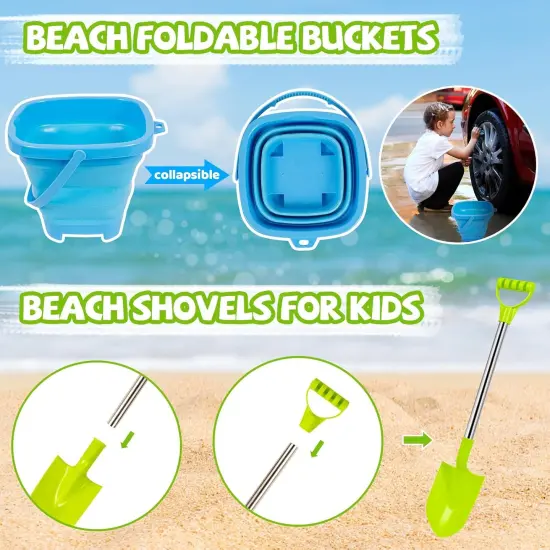 Summer Beach Sand Toys Set Includes Collapsible Buckets 2 Big Size Sand Shovels, Rake, Animal Sand Molds Toys with Mesh Bag, Sandbox Kit for Kids Age 3+(22 PCS) {3}