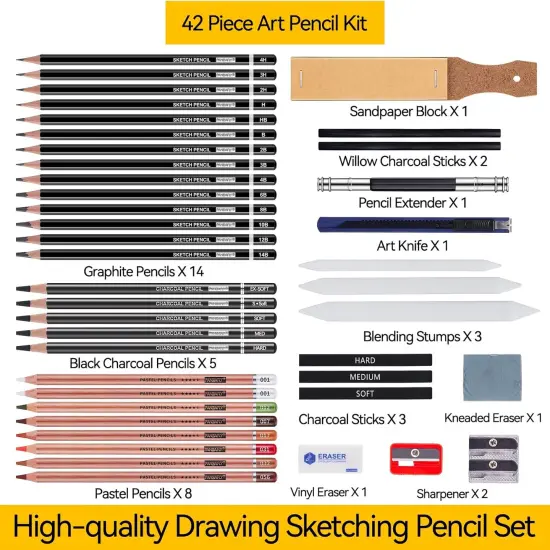Drawing Sketching Pencil Set, 42 Pack Pro Art Pencil Kit with Graphite Pencils (14B-4H), Charcoal Pencil, Ideal for Shading, Blending, Drawing Set for Beginners & Pro Artists {2}