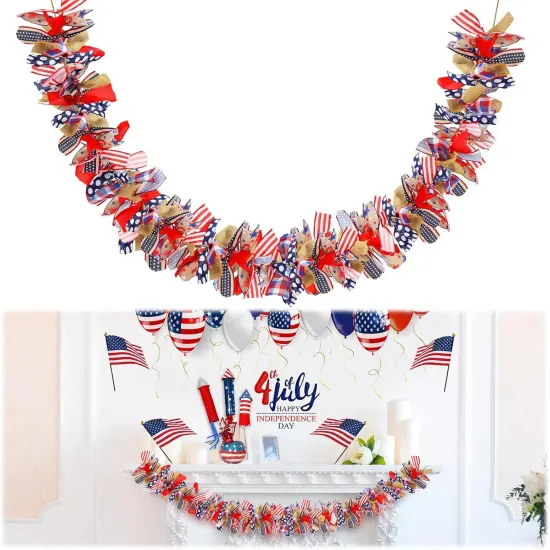 Patriotic Garland 4th of July Garland Red White Blue Decorations Hanging American Fabric Banner for Mantel Fireplace Wall Independence Day Memorial Day {1}