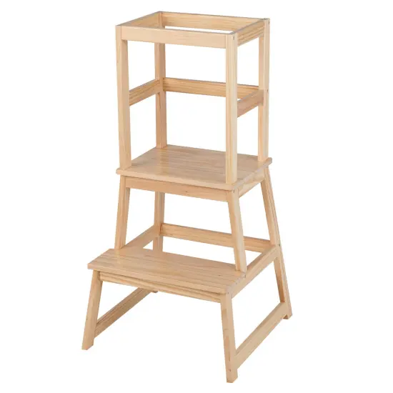 2-in-1 Multifunctional Wooden Kids Step Stool with Safety Guardrail and Wide Platform Natural {7}