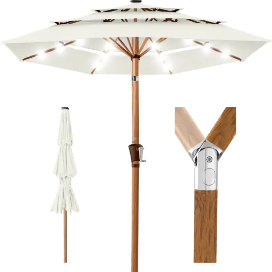 Best Choice Products Woodgrain Pattern 10ft 3-Tier Solar Patio Umbrella w/ 24 LED Lights, Tilt Ivory {1}
