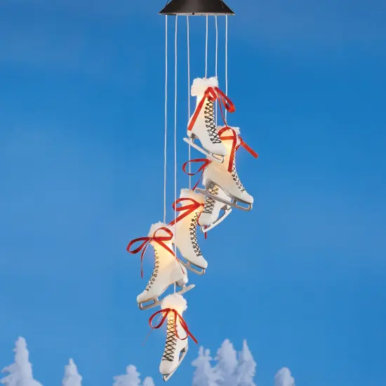 Collections Etc Solar Lighted Ice Skates Hanging Holiday Outdoor Mobile {1}