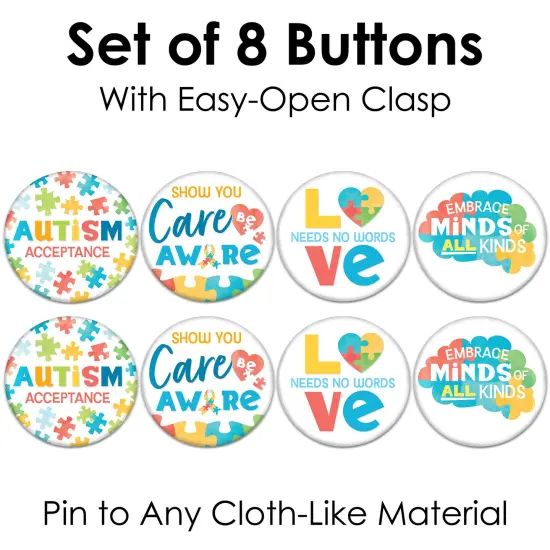 Big Dot of Happiness Autism Acceptance Buttons - Awareness Badge - 3-inch Pinback Buttons - Set of 8 {6}