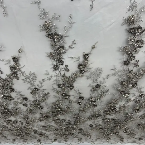 1 Yard Beaded 3D Floral Multitone Lace Fabric on 100% Polyester Net Mesh, Premium Embroidered Lace Fabric, 54" Width Taupe {3}