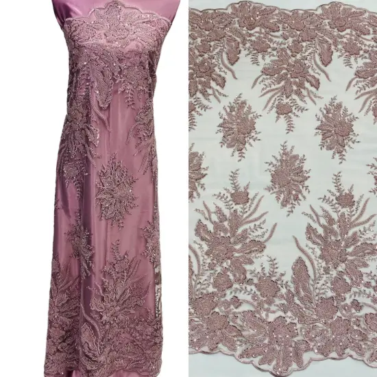 1 Yard Beaded Lace Fabric Embroidered on 100% Polyester Net Mesh, Blush, 48" Width Dusty Rose Color {1}