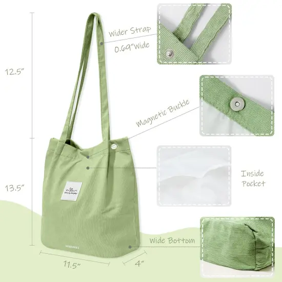Wrapables Corduroy Tote Bag, Casual Everyday Shoulder Handbag, Light Green {2}