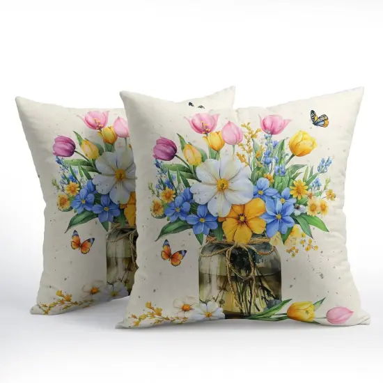 Spring Floral Butterflies Throw Pillow Covers 18X18 Inches Set of 2 Multi Colored Flowers Mason Jar Pillowcase Soft Cotton Linen Square Spring Cushion Covers for Home Sofa Patio Bedroom {2}