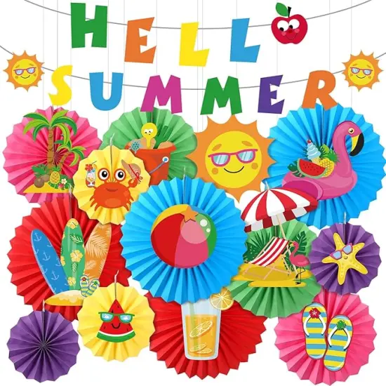 25 Pcs Summer Party Decorations Hello Summer Banner Pool Summer Beach Hanging Paper Fans Summer Beach Decor for Home Office School Classroom Beach Birthday Party Decorations {1}