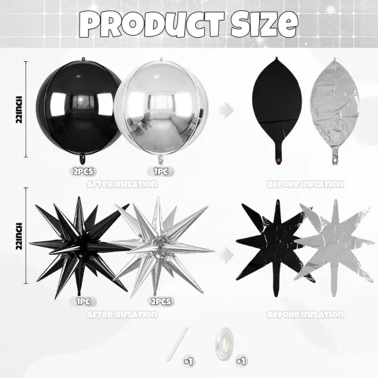 6Pcs 22 Inch Black Silver Star Balloons and 4D Large Foil Balloons {2}