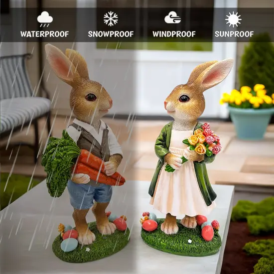 Harvest and Bloom Country Bunny Pair Figurine, 8" Rabbit Garden Statue Set {4}