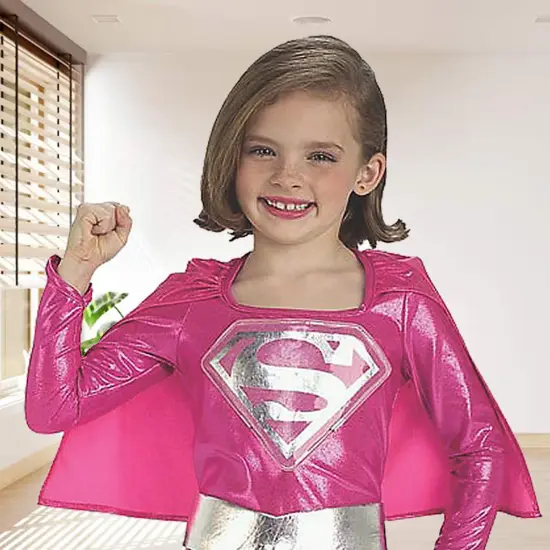 Girls Pink Supergirl Costume Dress with Cape Belt and Boot Tops Included {4}