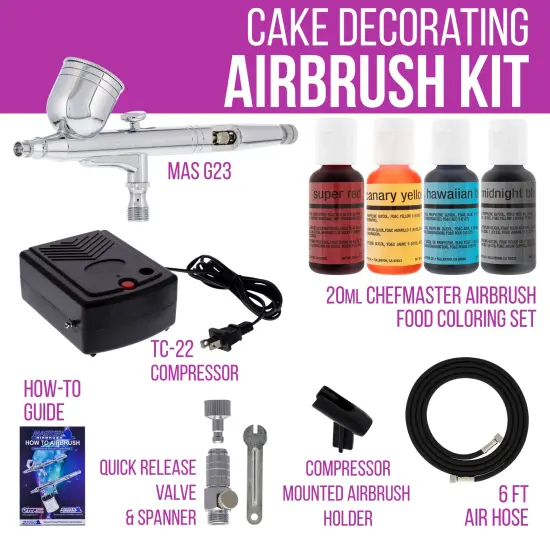 Cake Decorating Airbrushing System Kit with a Set of 4 Food Colors, Gravity Feed Dual-Action Airbrush, Air Compressor, Hose, Case and How-To Guide {2}