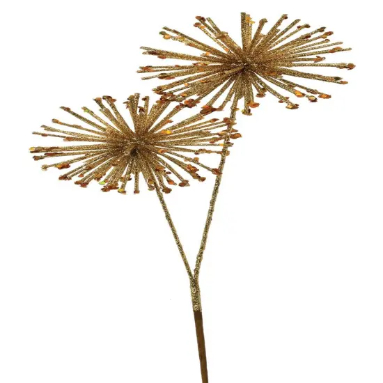 24" Gold Glitter Sequin Double Starburst Ball Spray &ndash; Festive Christmas Floral Pick {1}