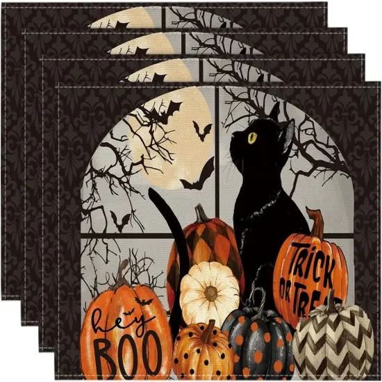 Set of 4 Black Cat and Pumpkins Halloween Placemats - 12x18 Inch (Black/Orange) {1}