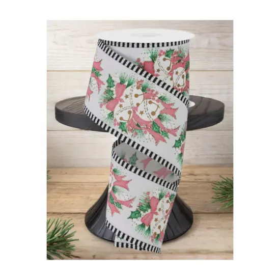 2.5" Jingle Bell Holly Stripe Edge Ribbon: White (10 Yards) {2}
