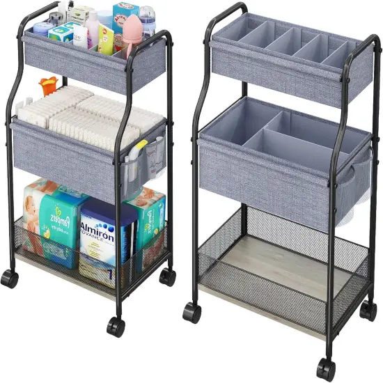 3-Tier Baby Diaper Caddy Organizer and Storage Cart with 4+2 Dividers {1}