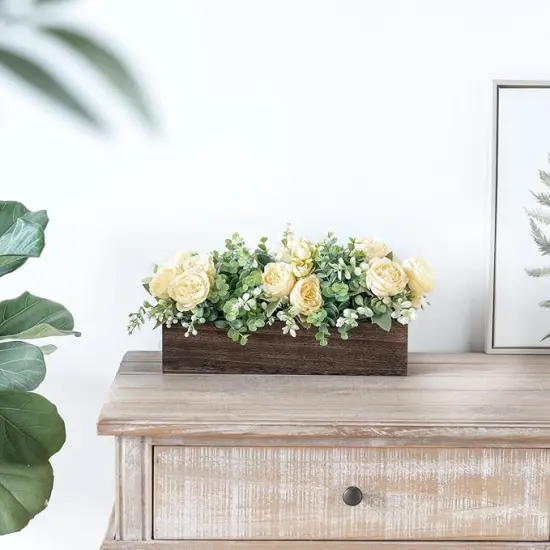 Centerpiece Table Decorations for Dining Room Farmhouse Living Room Table Centerpieces Decor Wood Tray with 3 Artificial Flowers and 2 Eucalyptus for Kitchen Table, 14.1" x 4.7" x 3.1" {3}