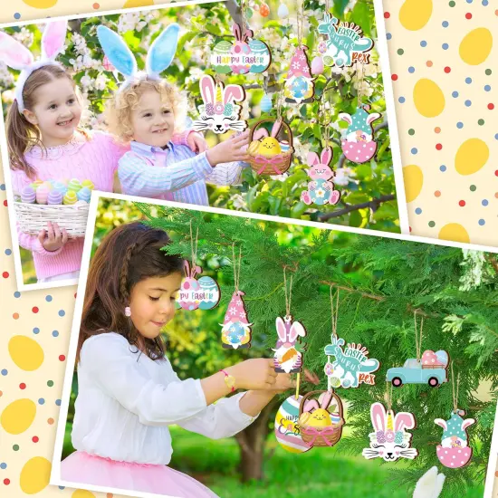 Chunful 30 Pcs Happy Easter Wooden Ornaments with Ropes Spring Egg Gnome Bunny Carrot Basket Holiday Easter Decorations Wood Bunny Ornament Embellishments Decorative Hanging Ornaments for Party {3}
