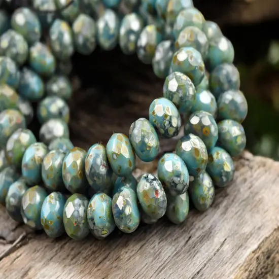*25* 6x8mm Blended Teal Turquoise Picasso Fire Polished Rondelle Beads {2}