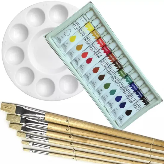 Artist 12 WATERCOLOR COLOR Painting Paint Set + 6 Brush Set w/ ROUND Palette SET {1}