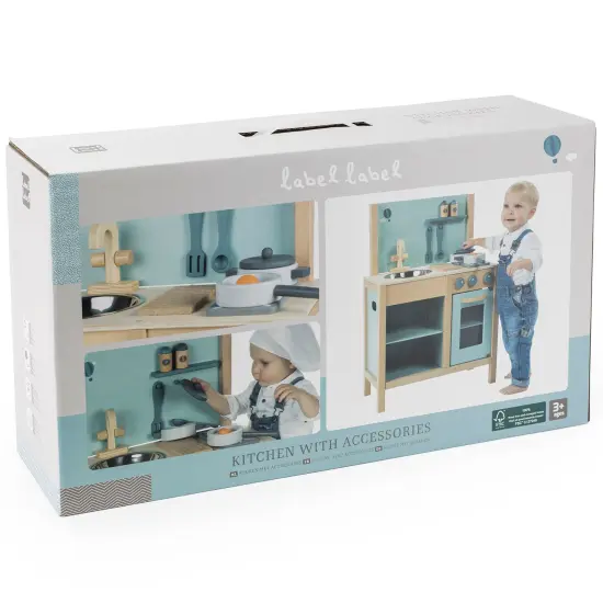 Label Label: Wooden Kitchen Play Set - Green - Standing Appliance Toy, Cooking & Food Accessories, Storage-Oven-Sink, Pretend Play Station, Kid Age 3+ {3}