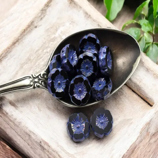 *12* 12mm Purple Washed Jet Black Iris Hawaiian Flower Beads {1}